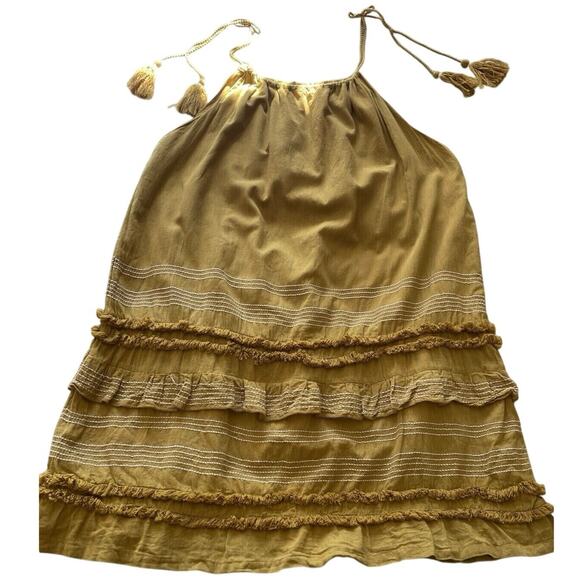 For the Republic 100% Cotton Yellow Boho Tiered Halter Mini Sun Dress Size Large - Picture 1 of 10